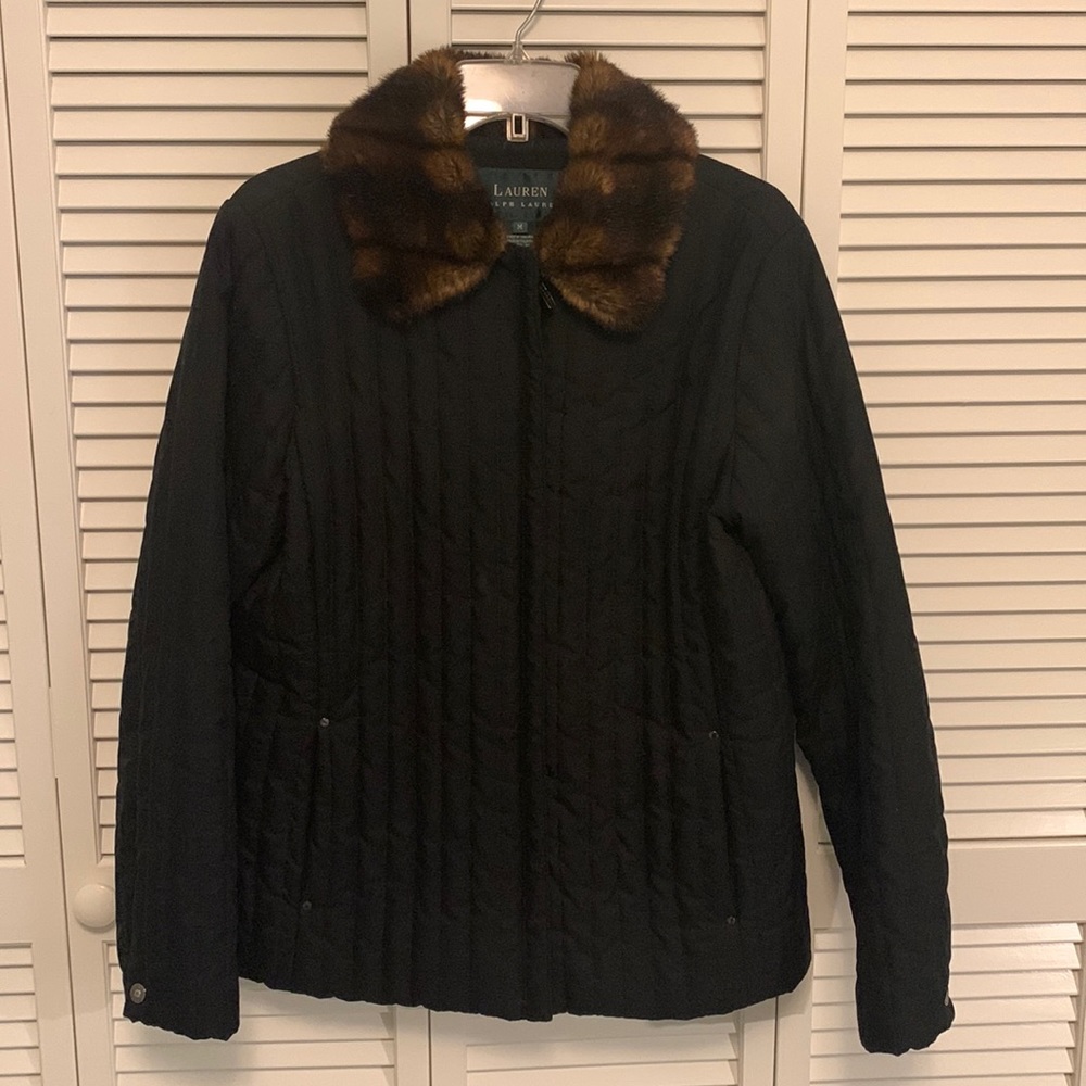 Ralph Lauren Black Quilted Jacket, zipper, slit pockets, channel, quilted poly.